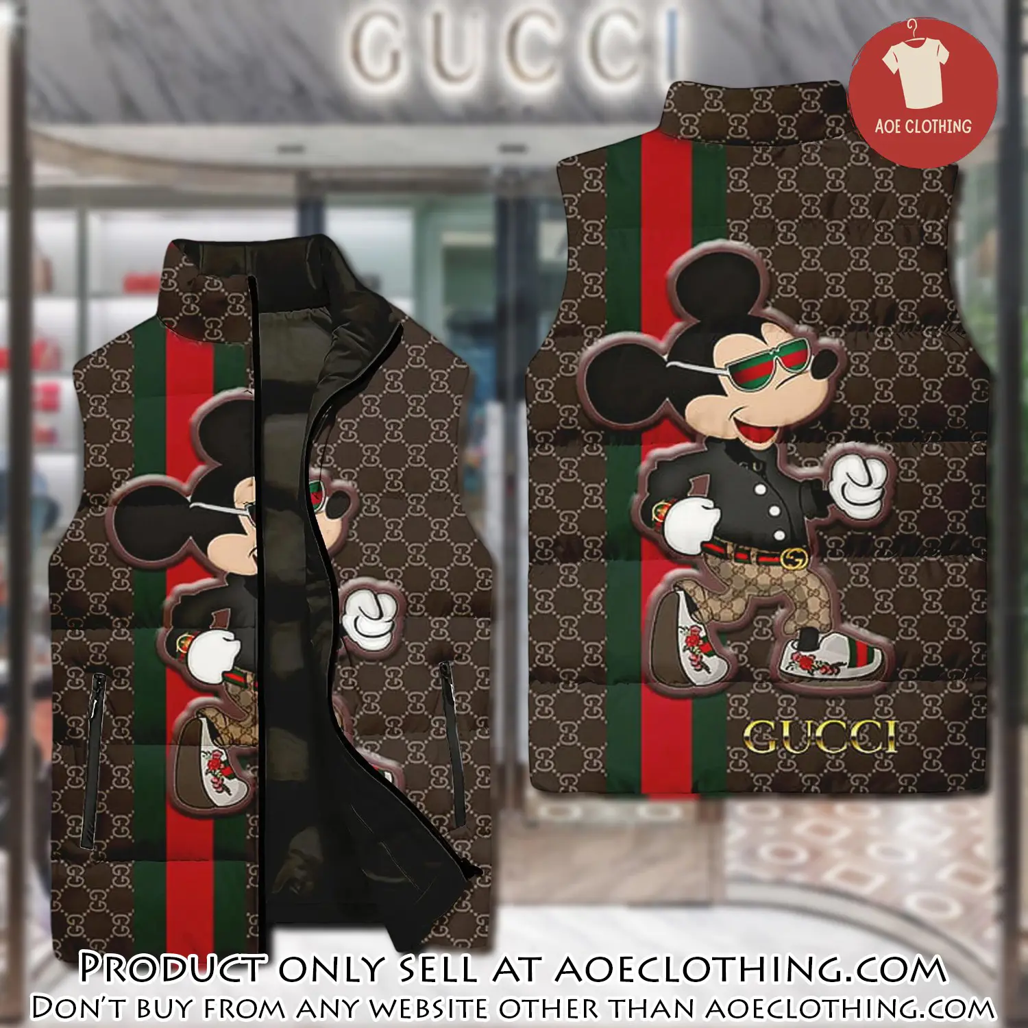 Gucci mickey mouse brown luxury brand 3d sleeveless down jacket aoe2352602